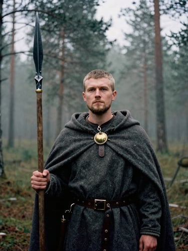 A reconstructed 11th-century Karelian chieftain standing in a misty pine forest, wearing a wool cloak fastened with a bronze penannular brooch, holding a spear, moody overcast northern daylight, 35mm film grain