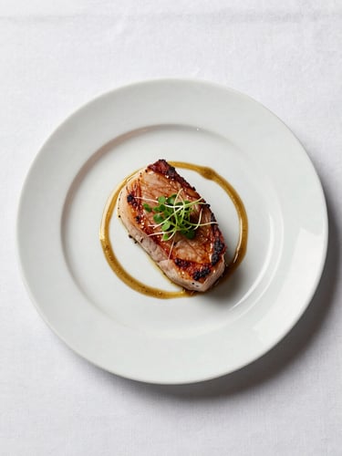 Close overhead shot of a single white porcelain plate with a precisely plated main course — a seared protein with micro-herb garnish and a gold-rimmed sauce pool — on a white linen tablecloth, studio strobe lighting, sharp and clean