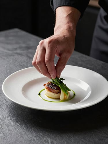 Close-up of a chef's gloved hands precisely placing a garnish on a plated entrée, white fine-china plate centered on a dark slate prep surface, studio strobe lighting from the left casting clean controlled shadows, crisp depth of field on the garnish, black chef's jacket sleeve visible at frame edge
