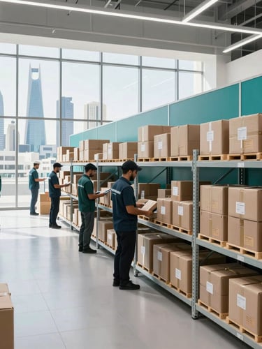 Wide shot of a modern, clean logistics hub interior, high shelves stocked with neatly organized packages, a few professional workers in branded uniforms overseeing operations, bright architectural daylight, deep teal accents, Riyadh skyline visible through large windows in the background, 35mm lens, sleek corporate photography.