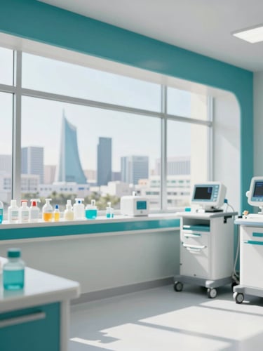 Clean, modern hospital environment, focus on organized medical supplies and equipment, bright architectural daylight, deep teal accents, 35mm lens.