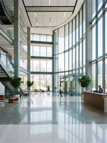 Crisp architectural photography, bright daylight, a newly constructed modern office lobby with towering glass windows, dust-free floors reflecting the light, commercial interior, 35mm