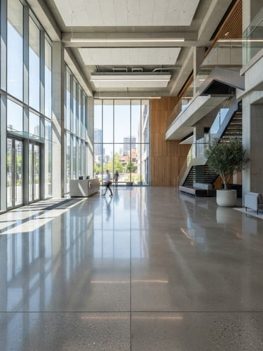 Crisp architectural photography of a freshly polished concrete floor in a modern commercial lobby, bright natural daylight reflecting on the pristine surface, wide angle, 35mm