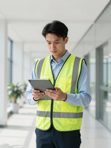 Vertical portrait of a professional facility manager in a clean high-visibility vest reviewing a digital tablet inside a modern, bright commercial building corridor, sharp focus