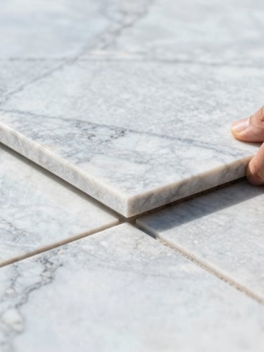 Detailed close-up of a craftsman placing a natural marble stone tile, perfect alignment, crisp grout lines, bright Scandinavian daylight, sharp focus