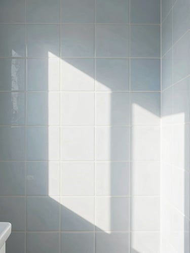 Bright architectural photography of a pristine modern bathroom with perfectly aligned ceramic tiles, natural Scandinavian daylight, sharp focus