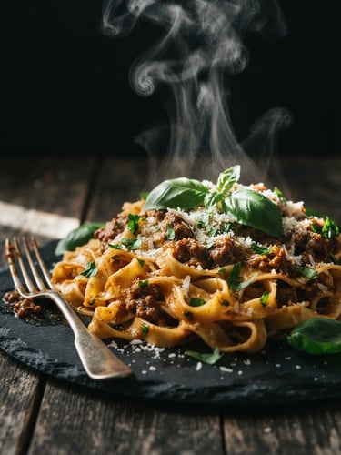 Moody close-up of steam rising from a freshly served pasta dish, dark slate background, dramatic side lighting, rich green garnish, 35mm