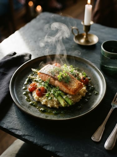 Close-up overhead shot of a premium dining table at Verde Bistro, steam gently rising from a freshly prepared plate, dramatic side lighting casting soft shadows on dark slate surface, rich deep green accents, macro lens, 35mm