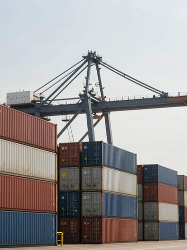 Wide shot of a structured shipping terminal, stacked cargo containers, heavy crane silhouette against a bright sky, crisp natural daylight, 35mm