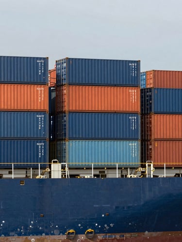 Industrial cargo terminal with stacked blue and orange shipping containers under crisp natural daylight, container ship at dock, professional photography, 35mm