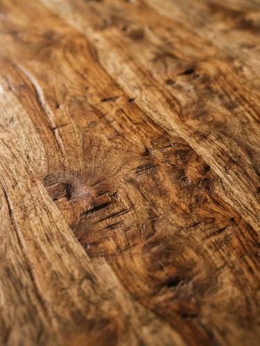 Macro detail shot of hand-carved sustainable mango wood with rich grain textures, warm natural daylight, 35mm