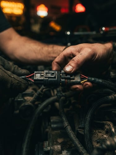 Macro shot of hands clicking a custom plug-and-play wiring connector into a factory harness, moody automotive garage setting, neon amber highlights, deep shadows, 35mm lens