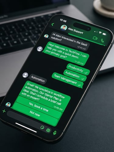 Close-up of a smartphone screen displaying a high-converting automated WhatsApp chat flow, with electric green message bubbles, on a minimalist dark desk with a modern laptop, crisp studio lighting, macro lens, shallow depth of field, deep charcoal and electric green tones.
