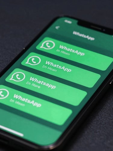 Primer plano de una pantalla de smartphone mostrando una interfaz de chat de WhatsApp con mensajes automatizados, en un escritorio minimalista con iluminación de estudio, tonos verde-azul, macro lens, shallow depth of field.