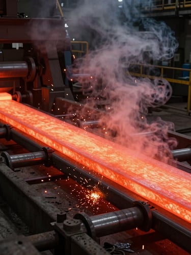 Wide dramatic shot of a steel rolling mill with glowing red-hot steel slabs moving through rollers, steam rising, high contrast dark environment, safety orange sparks.