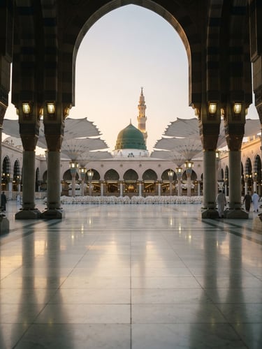 Symmetrical architectural portrait of Madinah's white marble courtyard at dawn, soft golden light reflecting on the polished floor, absolute quietness, 35mm cinematic film.