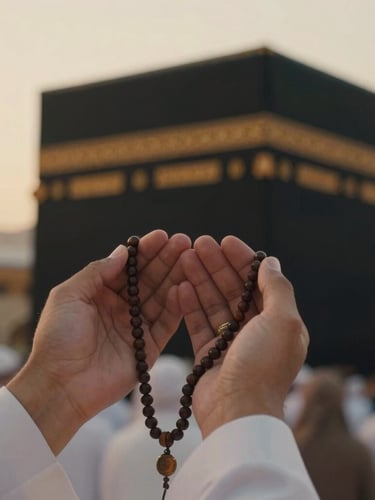 Cinematic close-up of hands holding prayer beads against a soft-focus background of the Kaaba at golden hour, warm ambient glow, elegant composition, shallow depth of field.