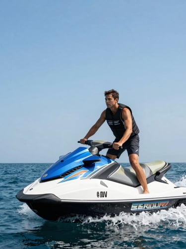 Portrait shot of a certified instructor demonstrating proper jet ski technique on a premium machine, deep blue water, bright coastal sunlight, dynamic low-angle framing.