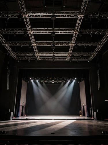 Extreme wide-angle architectural shot of an empty arena stage before doors open, high-contrast dramatic stage lighting casting sharp diagonal shadows, massive structural rigging grids suspended overhead.