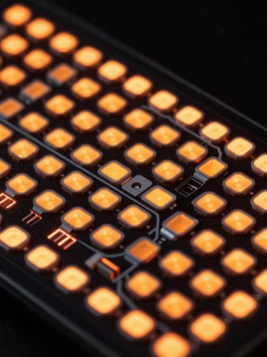 Macro close-up of a high-density LED panel during color-calibration, sharp technical grid lines, intense orange subpixels glowing against deep black, directional studio lighting.