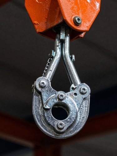 Close-up of a heavy-duty steel rigging shackle and industrial chain hoist, sharp focus on structural joint, safety orange accents, dark background.
