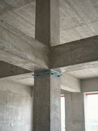 Close-up wide shot of a structural junction inside a building under construction — a concrete beam meeting a steel column, raw bolted connection plates visible, unpainted plaster wall in the background, north-facing diffuse daylight from an unseen opening to the right, no people, no signage