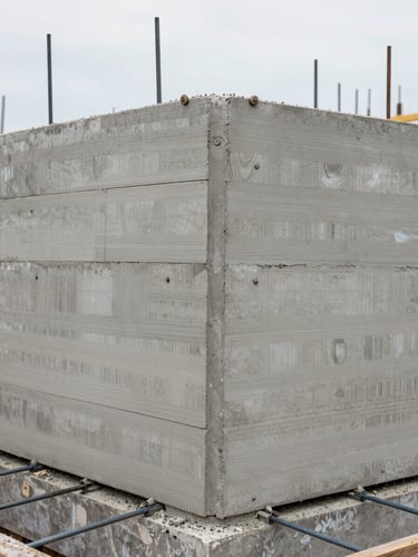 Close-up wide shot of raw concrete formwork panels bolted at a structural corner junction on an active construction site, north-facing diffused daylight revealing texture of wood grain imprinted in cured concrete, steel tie rods visible in foreground, no workers or people in frame
