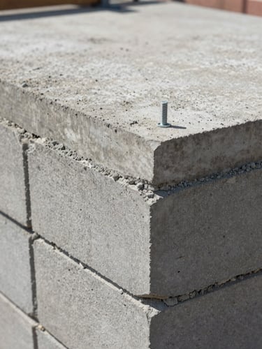 Close-up documentary photograph of a construction joint detail — a horizontal concrete slab edge meeting a vertical masonry wall, with a steel anchor bolt visible mid-frame, fine aggregate texture on both surfaces, flat north-facing site daylight, no people, framed tight to show the material junction clearly