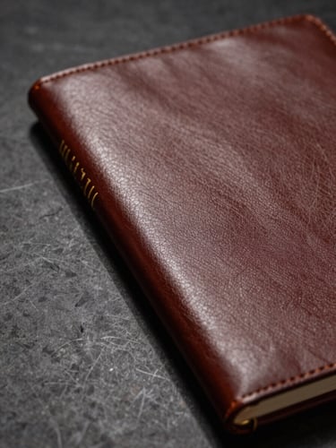 Extreme close-up of a leather-bound institutional report resting on a dark marble surface, directional studio light casting a precise hard shadow to the left, gold foil lettering partially visible at the spine edge, deep shadow filling the right half of the frame