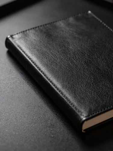 Extreme close-up of a leather-bound institutional report resting on a dark lacquered desk surface, directional key light from the left casting a precise shadow along the spine, deep carbon black background, monochromatic, no figures, no warmth