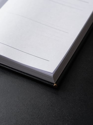 Extreme close-up of an open leather-bound institutional dossier on a matte black desk, pages fanned slightly, directional studio key light casting sharp shadow across the spine, monochromatic tones, no figures