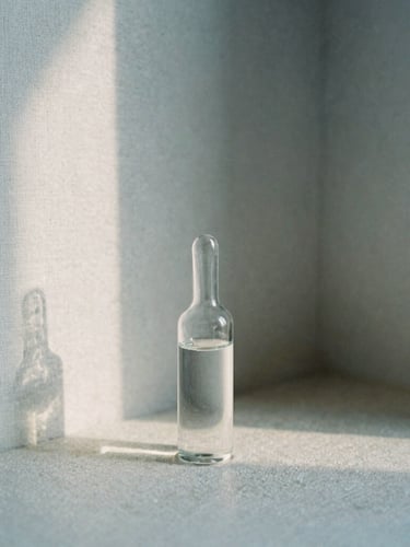 Serene minimalist treatment room corner with soft diffused morning light, warm gray linen, a single clean glass vial on a stone surface, 35mm film