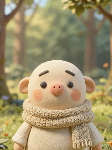 Close-up portrait of a whimsical 3D character with hand-painted clay textures, wearing a cozy knitted scarf, standing in a sunlit forest clearing, soft golden-hour light