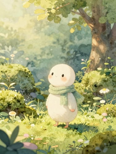 A whimsical 3D character with hand-painted textures, wearing a tiny knitted scarf, standing in a sunlit mossy garden, soft watercolor style.