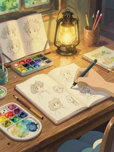 An artist's wooden desk covered in watercolor paint palettes, sketchbooks, and a glowing lantern casting warm light on hand-drawn character sketches, soft focus, Ghibli style.