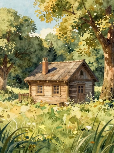 A cozy, sunlit wooden cottage surrounded by tall rustling grass and ancient oak trees, soft golden-hour light filtering through leaves, whimsical watercolor digital illustration style.