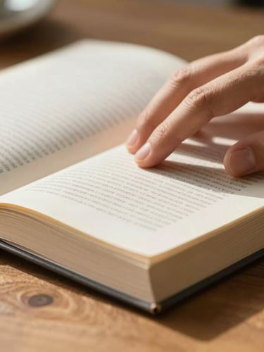 Close-up of a hand resting on a thick, textured page of an open book, warm sunlight catching the grain of the paper, soft-focus background of a wooden table.