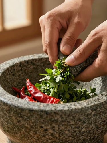 Hands grinding fresh herbs and red chilies in a heavy granite mortar, warm intimate kitchen lighting, close-up macro shot showing textures