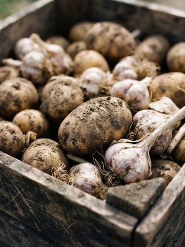 Macro close-up of unpolished, soil-dusted potatoes and papery garlic bulbs inside a wooden crate, bright natural daylight, rich earth tones, 35mm photography