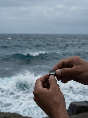 Manos expertas abriendo un ostión fresco, con el mar agitado de San Quintín de fondo, luz natural de día nublado, alto contraste.
