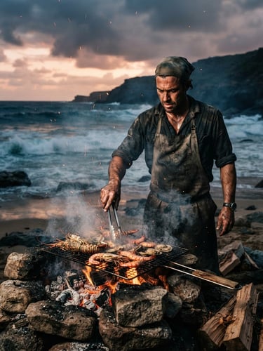 Retrato dramático de un chef concentrado, cocinando mariscos sobre brasas en la playa al atardecer, olas rompiendo al fondo, humo y chispas, luz natural de alto contraste.