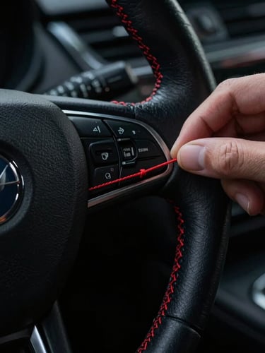 Macro shot of hand-stitching on a leather steering wheel, sharp crimson thread contrast, low-key dramatic studio lighting, 35mm.