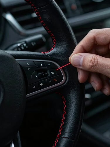 Extreme close-up of hand-stitching with red thread on a black leather steering wheel, low-key dramatic studio lighting, high contrast, macro lens, 35mm