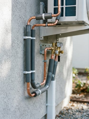 Close-up of a neatly installed copper piping system for a heat pump on an outdoor wall, clean routing, bright daylight, 35mm