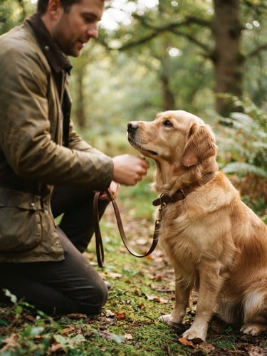 warm editorial photography, soft morning natural light, close up of a calm dog looking at a trainer, earthy tones, 35mm