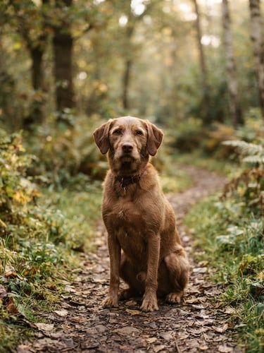 warm editorial photography, 35mm, a calm brown dog sitting patiently on a forest path, soft morning natural light, shallow depth of field, earthy tones
