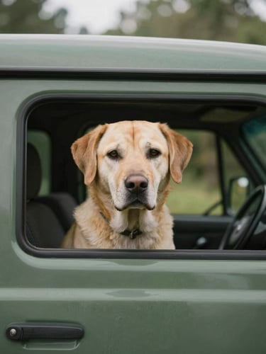 Portrait of a conditioned transport vehicle with a calm dog looking out safely, soft morning natural light, shallow depth of field, 35mm