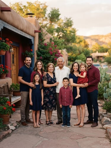 Dignified medium environmental portrait of a multi-generational Hispanic-American family standing together in front of their home, warm golden-hour daylight, soft focus, rich deep red and navy tones, 35mm photography.