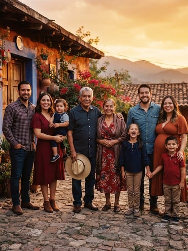 Wide environmental portrait of a multi-generational Hispanic family standing together outside their home during a warm golden-hour sunset, deep shadows and rich crimson tones, 35mm photography.