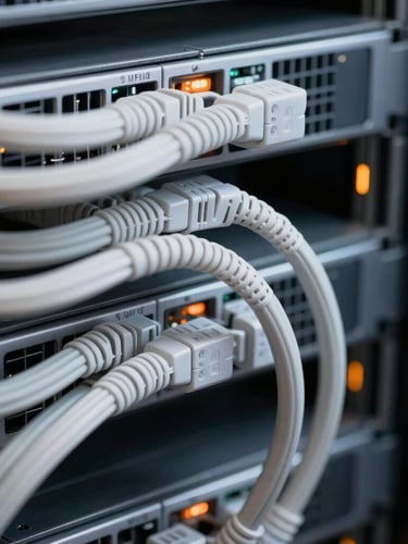 Close-up macro shot of clean structured cabling inside a server rack, cool high-contrast studio lighting with sharp hazard orange ambient accents, technical precision
